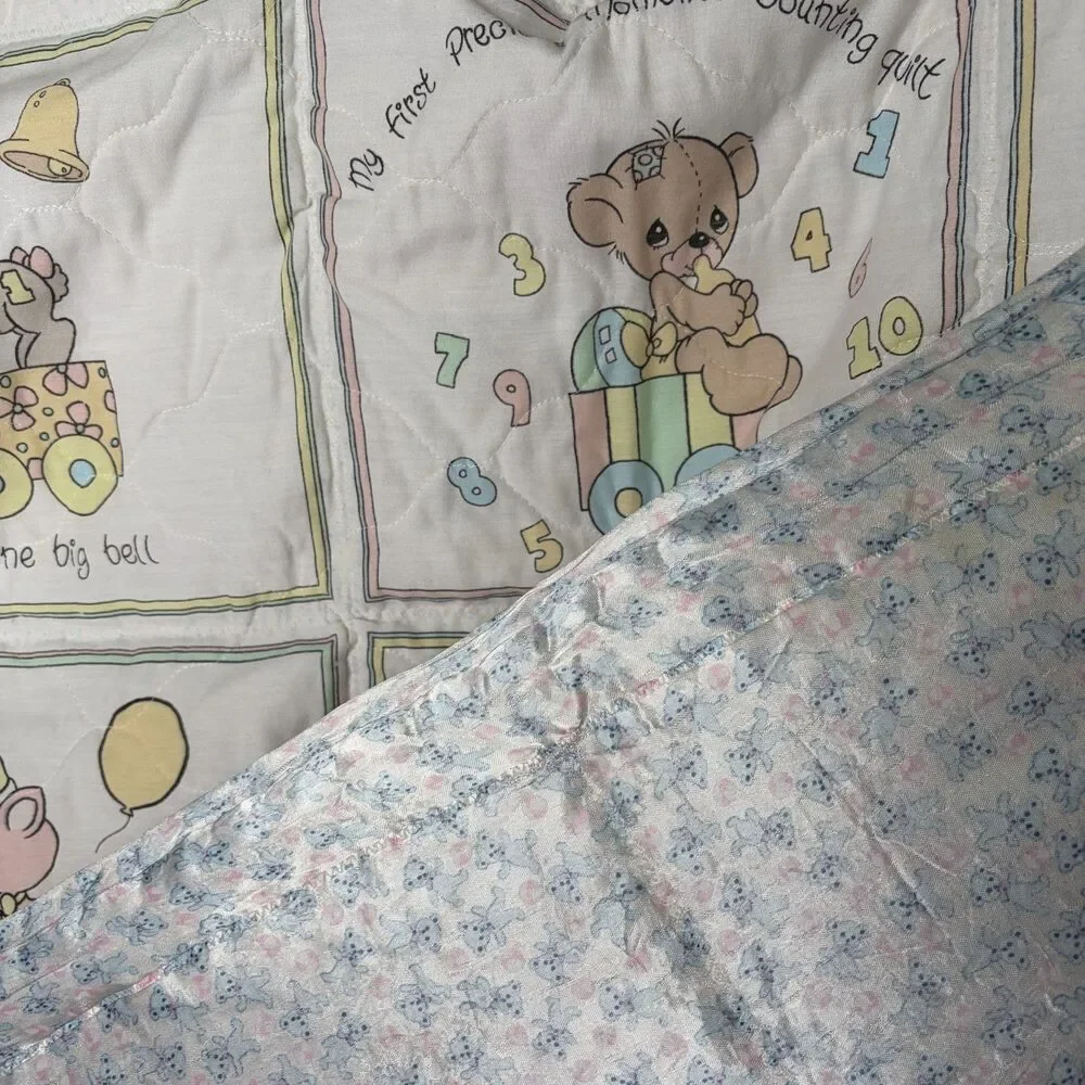Vintage Handmade Precious Moments Quilt Baby Blanket Counting Satin Back